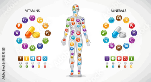 Human Body With Vitamins and Minerals Icons, Health and Nutrition Concept