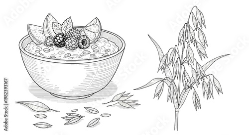 Oatmeal bowl with berries and orange slices next to oat plant illustration