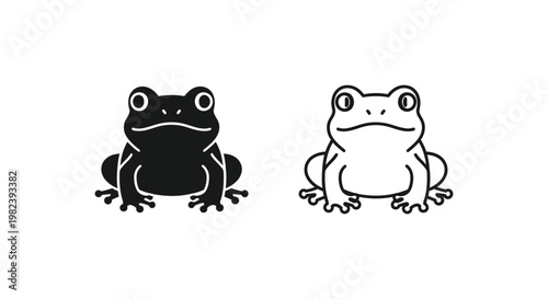 Frog icons, black and white vector illustrations, amphibian symbols, simple cartoon style