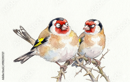 A caricature of two comical European goldfinches (Carduelis carduelis) perched on a thorny branch, painted using watercolor techniques.