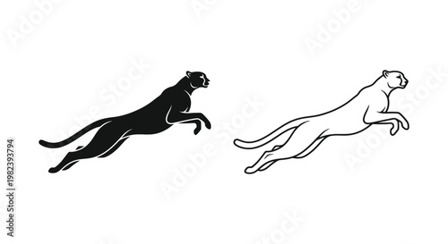 Jaguar icons, black and white, running jaguar silhouettes, animal vector graphics