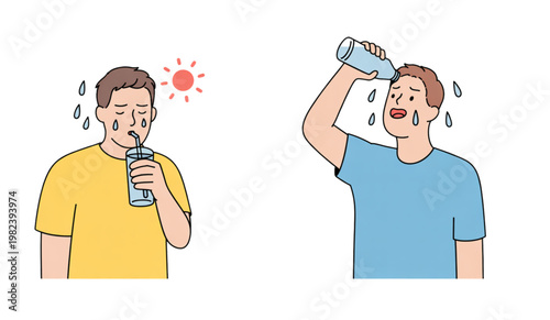 Man drinking water and pouring bottle on head during hot summer heatwave, vector illustration set