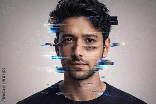 Young man with glitch effect representing digital identity crisis  