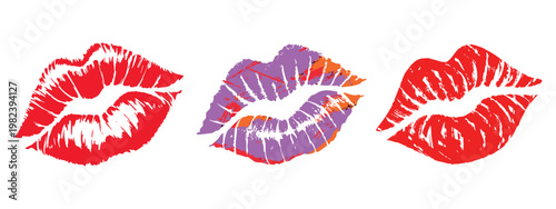 Lip print kiss mark vector set. Bold lipstick imprint in red and multicolor with textured grunge edges for romantic branding. Stylish beauty icons for card poster packaging and cosmetic design.