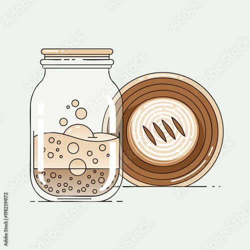 Stylized Illustration of a Mason Jar Filled with Fermentation Ingredients and a Fermentation Cap
