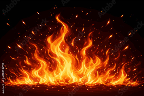 Vibrant Fire Flame Vector Illustration with Glowing Sparks and Embers on a Black Background, Intense Heat and Energy Texture, Fiery Storm Graphic Element for Design, Abstract Burning Inferno