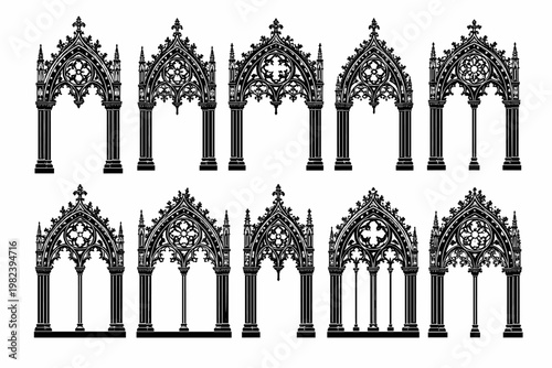 Set of Ten Black and White Vector Silhouette Illustrations of Ornate Gothic Arches Featuring Intricate Tracery, Floral Patterns, and Medieval Architectural Details for Design and Decoration