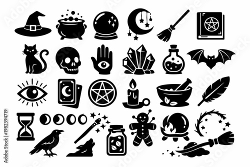 Black witchcraft and magic glyph icons set for mystical practices and occult rituals featuring cauldron, crystal ball, tarot cards, skull, potion, broomstick, raven, bat, and voodoo doll symbols.