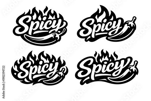 Set of four hand-lettered spicy word badges featuring flaming chili pepper icons. Black and white vector sticker designs for hot sauce labels, Mexican food menus, and spicy seasoning packaging.