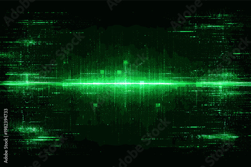 Green Glitch Background with Matrix Screen Effect and Pixel Noise, Futuristic HUD Game Graphic with Cyber Digital Data Streams, Abstract Neon Light Distortion for Video Overlay and Tech Design