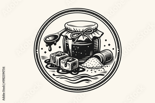 Vintage Salted Caramel Sauce Label Logo with Homemade Creamy Syrup, Natural Sweet and Salty Flavor, Round Sticker Design for Packaging, Engraved Illustration of Caramel Cubes and Sea Salt Crystals.
