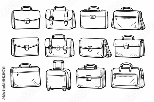 Hand Drawn Business Briefcase Outlines and Office Bag Sketches. Collection of Professional Work Cases, Laptop Bags, and Rolling Suitcase Icons. Vector Line Art for Corporate and Travel Design.