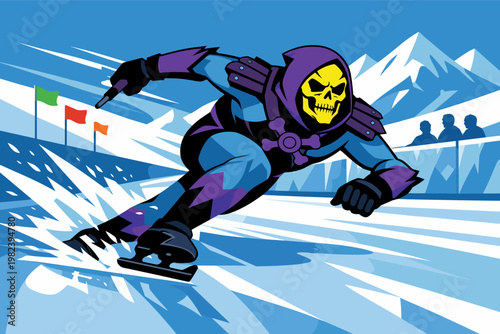 Flat vector illustration of a villainous skull-faced character in a purple hood speed skating on an ice rink during a winter sports competition with snowy mountains and flags in the background.