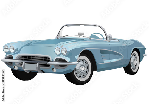 Fotografía Vintage American Sports Car Convertible Illustration in Light Blue Classic 1960s