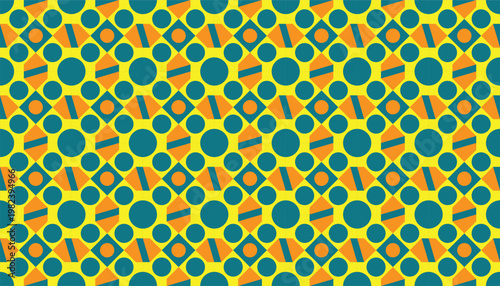 Retro mid-century modern seamless pattern with colorful geometric circles and polygons