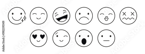 Emoji face icon set vector. Minimal outline expressions including happy sad angry love shocked and neutral moods. Clean black line emoticons for app chat interface sticker and social media design.