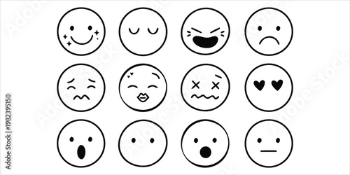 Emoji face icon set vector. Minimal outline expressions including happy sad angry love shocked and neutral moods. Clean black line emoticons for app chat interface sticker and social media design.