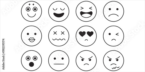 Emoji face icon set vector. Minimal outline expressions including happy sad angry love shocked and neutral moods. Clean black line emoticons for app chat interface sticker and social media design.