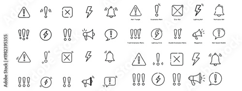 Warning alert icon set vector. Minimal outline symbols including exclamation lightning bell megaphone and notification shapes for interface. Clean line elements for app web ui and safety communication