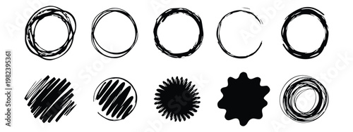 Hand drawn circle set vector. Rough ink outlines filled scribble spots and abstract round shapes for modern design accents. Grunge brush elements for logo badge background and creative projects.