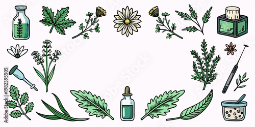 Hand Drawn Botanical and Herbal Medicine Elements Frame Illustration