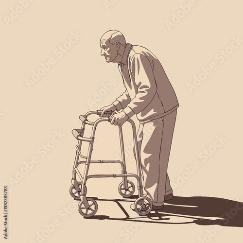 Elderly Man Using Walker for Support and Mobility Assistance