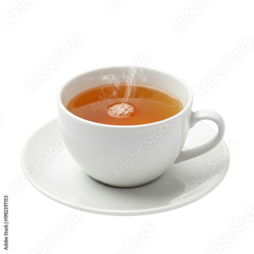 A transparent ceramic teacup with amber tea and delicate steam, tiny bubbles on the surface, matching saucer on a minimalist white background, calm tranquility and understated elegance