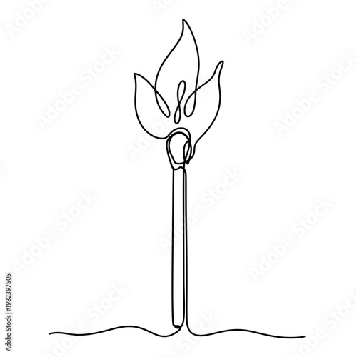 Continuous line illustration of a matchstick with a flame shaped like a flower, symbolizing fragility, beauty, and the duality of destruction and life