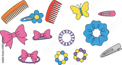 Cute hair accessory icon set with bows combs and clips