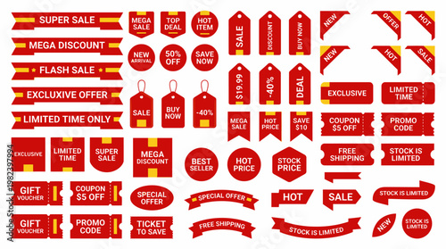 Collection of red sale promotional labels