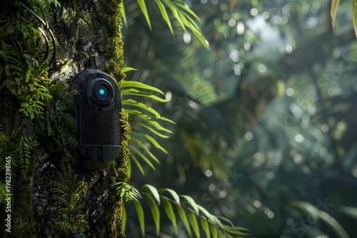 Autonomous bioacoustic microphone for bird song recording mounted on mossy tree, remote wildlife sound monitoring device in rainforest