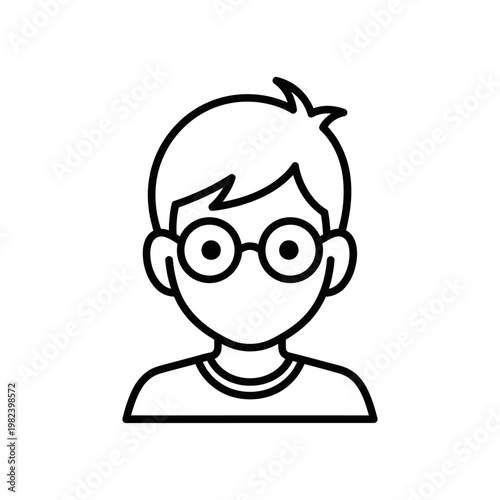 Simple black and white cartoon illustration of a child wearing glasses. Depicts a head and torso