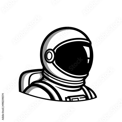 A black and white illustration of an astronaut's upper body wearing a space helmet