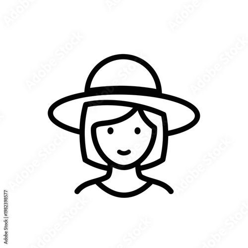Simple black outline drawing of a person wearing a sun hat. Features eyes, nose, and smiling mouth