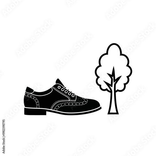 A black and white illustration, a shoe with detailed stitching next to a stylized tree