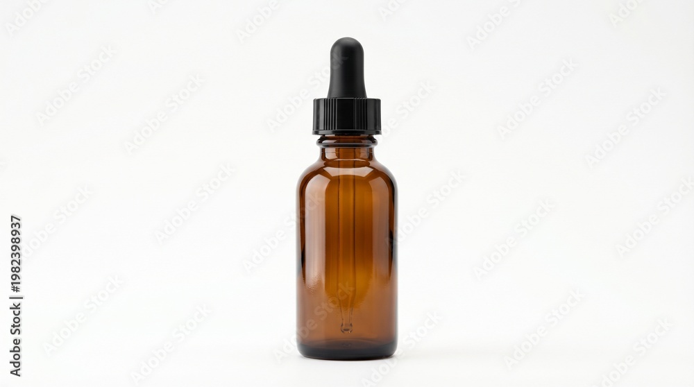 Fototapeta premium Amber glass dropper bottle, empty, isolated, brown medicine bottle