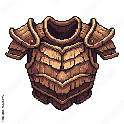 A pixel art illustration of a set of brown fantasy armor breastplate and shoulder guards, perfect for a vintage video game aesthetic.