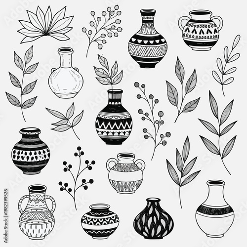 Stylish Collection of Decorative Vases and Botanical Elements for Interior Design