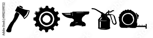 Workshop tools and forge equipment icons set with axe, gear, anvil, oil can, and tape measure. Black silhouette vector icons