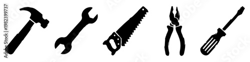 Hand tools set including hammer, wrench, saw, pliers and screwdriver. Minimalist black silhouette icons