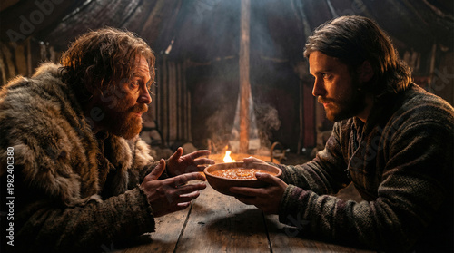 Biblical scene: Esau trades his birthright to Jacob (the future Patriarch of Israel) for red lentil stew, cinematic lighting in ancient tent.