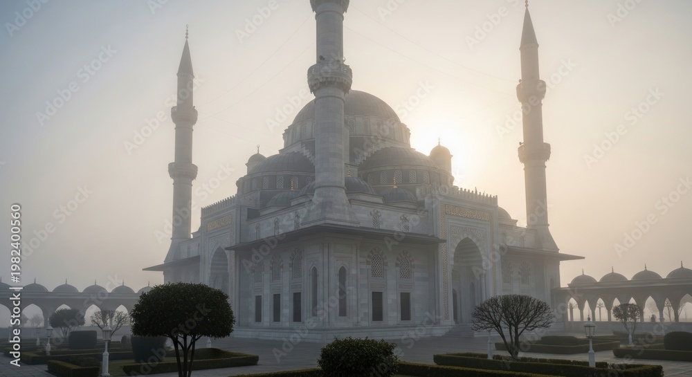 Obraz premium Mausoleum in Fog, Sunlight, Architectural Landmark, Spiritual Place