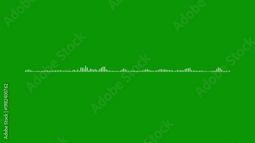 Smooth white audio line, sound spectrum animation, chroma key green screen, 4k music visualizer, digital equalizer motion, voice frequency signal, rhythmic wave patterns design.