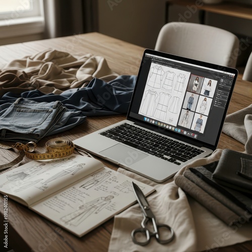 Fashion design workspace with laptop and clothing on wooden table indoors