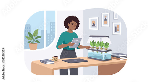 Black woman using tablet to monitor indoor hydroponic garden in office