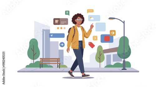 Black woman wearing AR glasses walking in urban city park