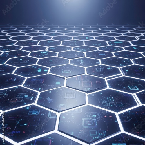 Futuristic hexagonal grid pattern with glowing white lines and circuit board designs