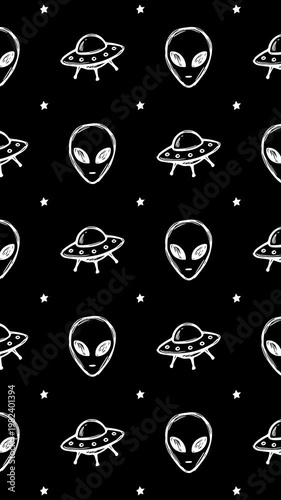 Cartoon Doodle Alien and UFO Pattern, Hand Drawn Space Icons with Vortex Animation on Black Background, Motion Graphics Seamless Loop, 9:16 Vertical Video