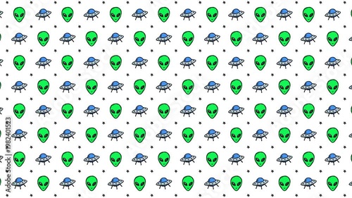Cartoon Doodle Alien and UFO Pattern, Hand Drawn Space Icons Moving Right with Jelly Animation on White Background, Motion Graphics Seamless Loop, 4K