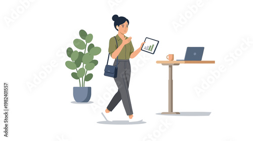 Businesswoman walking and looking at tablet in modern minimalist office